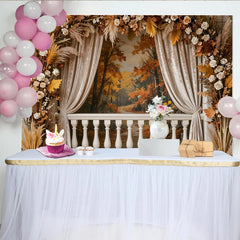 Lofaris Autumn Balcony Photography Backdrop with Fall Forest View, White Balustrade and Floral Decor, Studio Background for Portraits