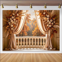 Lofaris Autumn Balcony Photography Backdrop with Elegant Floral Decor, Scenic Forest View Background for Professional Portrait Photoshoot