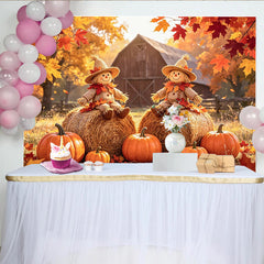 Lofaris Rustic Autumn Harvest Backdrop with Scarecrows and Pumpkins, Farm Barn Photography Background for Fall Festival Decor