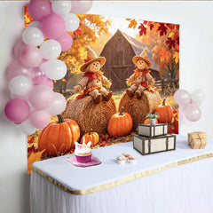 Lofaris Rustic Autumn Harvest Backdrop with Scarecrows and Pumpkins, Farm Barn Photography Background for Fall Festival Decor