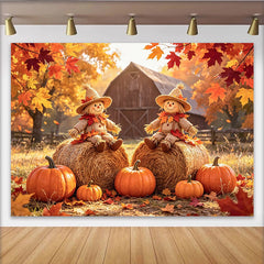 Lofaris Rustic Autumn Harvest Backdrop with Scarecrows and Pumpkins, Farm Barn Photography Background for Fall Festival Decor