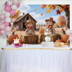 Lofaris Rustic Autumn Harvest Photography Backdrop with Scarecrows, Pumpkins and Fall Leaves, Barn Farm Background for Studio Photoshoot
