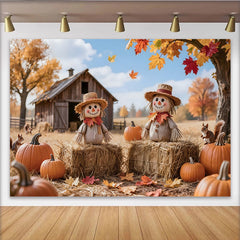 Lofaris Rustic Autumn Harvest Photography Backdrop with Scarecrows, Pumpkins and Fall Leaves, Barn Farm Background for Studio Photoshoot