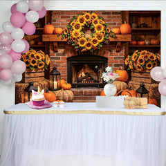 Lofaris Rustic Autumn Thanksgiving Backdrop with Sunflower Wreath and Pumpkins, Cozy Fireplace Scene Background for Fall Harvest Party Decor