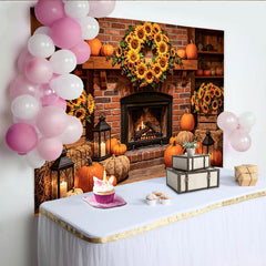 Lofaris Rustic Autumn Thanksgiving Backdrop with Sunflower Wreath and Pumpkins, Cozy Fireplace Scene Background for Fall Harvest Party Decor