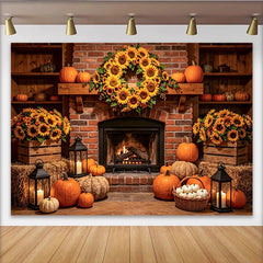 Lofaris Rustic Autumn Thanksgiving Backdrop with Sunflower Wreath and Pumpkins, Cozy Fireplace Scene Background for Fall Harvest Party Decor