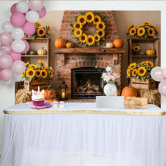 Lofaris Rustic Autumn Thanksgiving Holiday Backdrop with Sunflowers, Pumpkins and Fireplace, Cozy Fall Harvest Photo Background for Event Decor