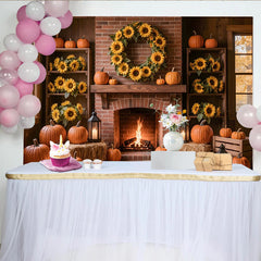 Lofaris Rustic Autumn Photography Backdrop with Pumpkins and Sunflowers, Cozy Fireplace Background for Fall Harvest Photoshoot