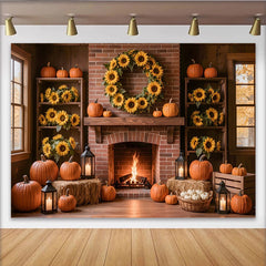 Lofaris Rustic Autumn Photography Backdrop with Pumpkins and Sunflowers, Cozy Fireplace Background for Fall Harvest Photoshoot