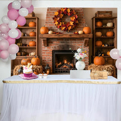 Lofaris Cozy Autumn Fireplace Backdrop with Pumpkins and Fall Wreath, Rustic Harvest Season Background for Thanksgiving Decor