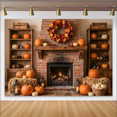 Lofaris Cozy Autumn Fireplace Backdrop with Pumpkins and Fall Wreath, Rustic Harvest Season Background for Thanksgiving Decor