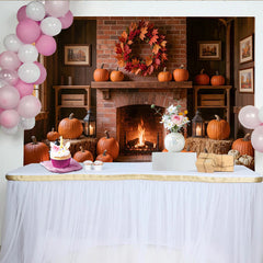 Lofaris Cozy Thanksgiving Holiday Backdrop with Brick Fireplace, Pumpkins and Fall Wreath, Rustic Autumn Harvest Background for Party Decor