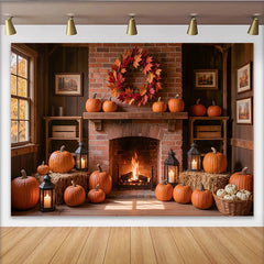 Lofaris Cozy Thanksgiving Holiday Backdrop with Brick Fireplace, Pumpkins and Fall Wreath, Rustic Autumn Harvest Background for Party Decor