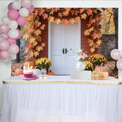 Lofaris Autumn Photography Backdrop with Red House, White Door, and Maple Leaves, Fall Harvest Scene Background for Studio Photoshoot