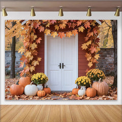 Lofaris Autumn Photography Backdrop with Red House, White Door, and Maple Leaves, Fall Harvest Scene Background for Studio Photoshoot