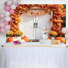Lofaris Autumn Thanksgiving Backdrop with Orange Maple Leaves and Pumpkins, Cozy Fall Harvest Photography Background Decor