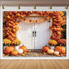 Lofaris Autumn Thanksgiving Backdrop with Orange Maple Leaves and Pumpkins, Cozy Fall Harvest Photography Background Decor