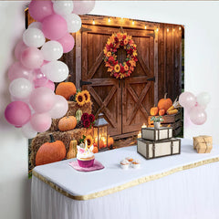 Lofaris Rustic Wooden Barn Autumn Harvest Backdrop with Pumpkins and Fall Wreath, String Lights Photo Background for Autumn Party