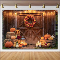 Lofaris Rustic Wooden Barn Autumn Harvest Backdrop with Pumpkins and Fall Wreath, String Lights Photo Background for Autumn Party