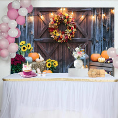 Lofaris Rustic Barn Door Autumn Photography Backdrop with Fall Wreath and Pumpkins, String Lights Studio Background for Seasonal Portraits