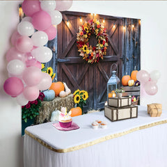 Lofaris Rustic Barn Door Autumn Photography Backdrop with Fall Wreath and Pumpkins, String Lights Studio Background for Seasonal Portraits