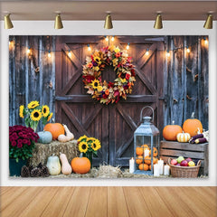 Lofaris Rustic Barn Door Autumn Photography Backdrop with Fall Wreath and Pumpkins, String Lights Studio Background for Seasonal Portraits