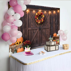Lofaris Rustic Barn Door Autumn Thanksgiving Backdrop with Pumpkins, Cozy Farmhouse Photography Background for Seasonal Decor
