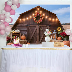Lofaris Rustic Wooden Barn Thanksgiving Backdrop with Fall Pumpkins and String Lights, Autumn Harvest Photo for Family Gatherings, Party Decor