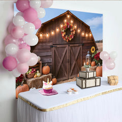 Lofaris Rustic Wooden Barn Thanksgiving Backdrop with Fall Pumpkins and String Lights, Autumn Harvest Photo for Family Gatherings, Party Decor