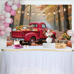 Lofaris Vintage Red Truck Thanksgiving Backdrop with Pumpkins and Sunflowers, Autumn Fall Harvest Photography Background for Party