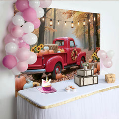 Lofaris Vintage Red Truck Thanksgiving Backdrop with Pumpkins and Sunflowers, Autumn Fall Harvest Photography Background for Party