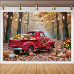 Lofaris Vintage Red Truck Thanksgiving Backdrop with Pumpkins and Sunflowers, Autumn Fall Harvest Photography Background for Party