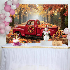 Lofaris Autumn Red Truck and Pumpkin Photography Backdrop, Rustic Fall Forest Background with Sunflowers and Hay Bales