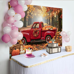 Lofaris Autumn Red Truck and Pumpkin Photography Backdrop, Rustic Fall Forest Background with Sunflowers and Hay Bales