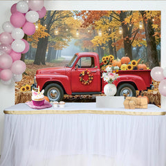 Celebrate Vintage Red Truck Autumn Backdrop for Thanksgiving Harvest, Rustic Fall Forest Background with Pumpkins and Sunflowers