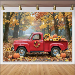 Celebrate Vintage Red Truck Autumn Backdrop for Thanksgiving Harvest, Rustic Fall Forest Background with Pumpkins and Sunflowers