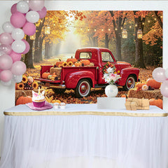 Celebrate Autumn Harvest Red Truck Photography Backdrop with Pumpkins, Rustic Fall Forest Background for Thanksgiving Party Decor