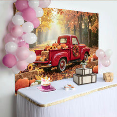 Celebrate Autumn Harvest Red Truck Photography Backdrop with Pumpkins, Rustic Fall Forest Background for Thanksgiving Party Decor