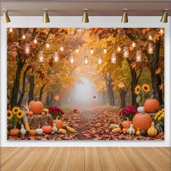 Lofaris Autumn Forest Thanksgiving Backdrop with Pumpkins and Lights, Rustic Fall Harvest Background for Studio Photography