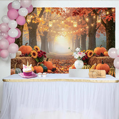 Celebrate Cozy Autumn Backdrop with Pumpkins and Sunflowers, Rustic Forest Path Background for Thanksgiving Party Decor