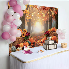 Celebrate Cozy Autumn Backdrop with Pumpkins and Sunflowers, Rustic Forest Path Background for Thanksgiving Party Decor