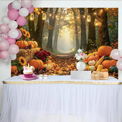 Celebrate Autumn Forest Path Backdrop with Pumpkins and Sunflowers, Warm Light Background for Thanksgiving Party Decoration