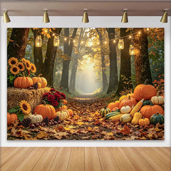 Celebrate Autumn Forest Path Backdrop with Pumpkins and Sunflowers, Warm Light Background for Thanksgiving Party Decoration