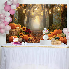 Celebrate Autumn Harvest Thanksgiving Backdrop with Pumpkins, Rustic Forest Path Background for Family Portrait