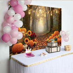Celebrate Autumn Harvest Thanksgiving Backdrop with Pumpkins, Rustic Forest Path Background for Family Portrait