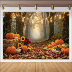 Celebrate Autumn Harvest Thanksgiving Backdrop with Pumpkins, Rustic Forest Path Background for Family Portrait