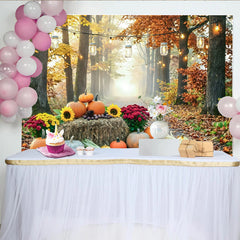 Celebrate Autumn Pumpkin Thanksgiving Backdrop with Sunflowers, Rustic Harvest Forest Background for Autumn Photography