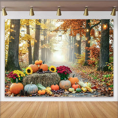 Celebrate Autumn Pumpkin Thanksgiving Backdrop with Sunflowers, Rustic Harvest Forest Background for Autumn Photography