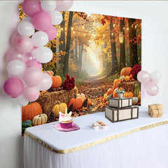 Celebrate Autumn Forest Pumpkin Patch Autumn Backdrop for Photoshoot, with Warm String Lights and Hay Bales Background for Studio