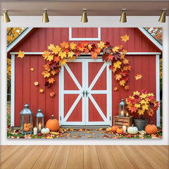 Celebrate Red Barn Autumn Backdrop with Pumpkins and Maple Leaves, Rustic Fall Background for Thanksgiving Party Decoration